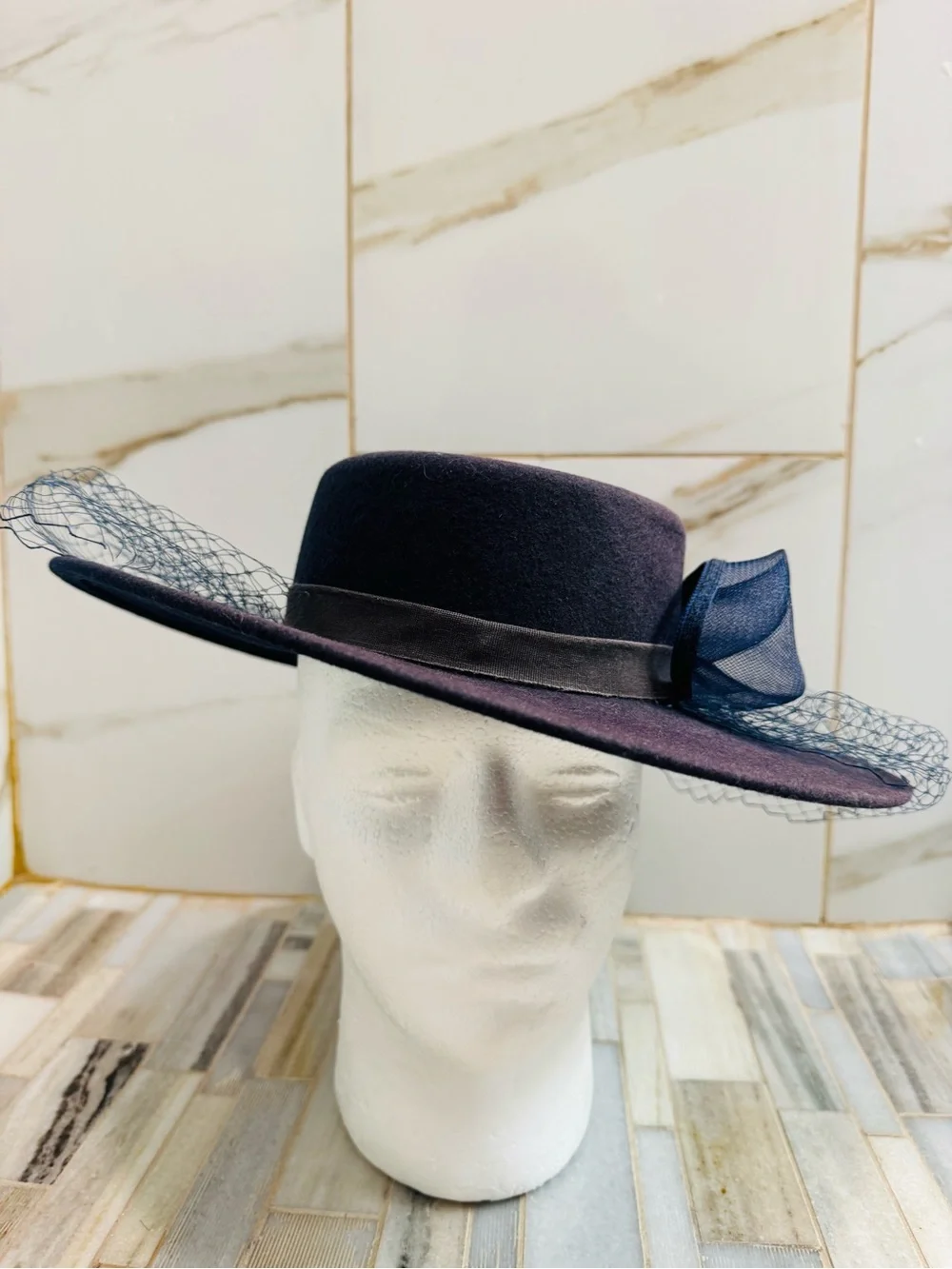 Vintage Bollman Hat Co USA Navy Doeskin Felt Wide Brim Veil Hat Sz 7 Wool